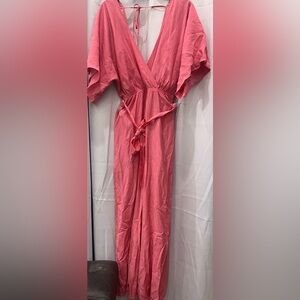 Lulu’s Pink Wide /Split  Leg V-neck Textured  Jumpsuit Pink Size Small